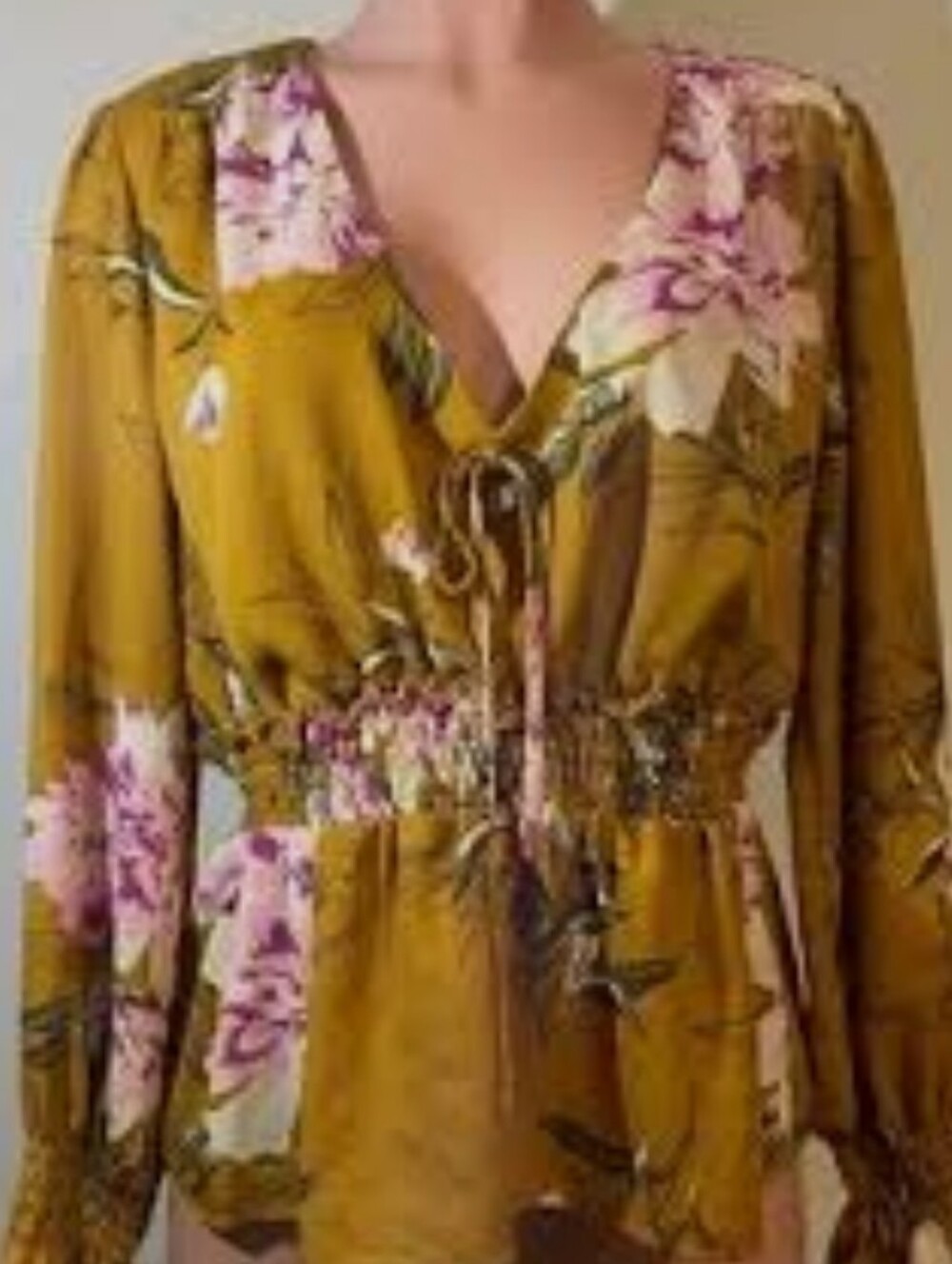 June & Hudson Mustard Floral V-Neck Smocked-Waist Blouse